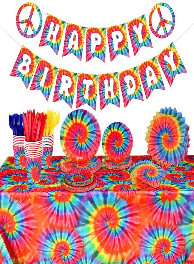 Yaomiao 171 Pcs Tie Dye Tablecloth Birthday Decorations Tie Dye Party Tableware Set Serves 24 Includes Tie Dye Birthday Banner Rainbow Tablecloth Paper Plates Napkins Cups and Disposable Cutlery - Image 1